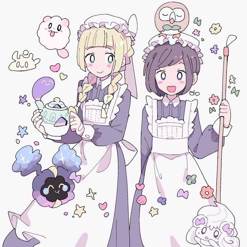 lillie, selene, rowlet, cosmog, alcremie, and 3 more (pokemon and 1 more) drawn by remoooon