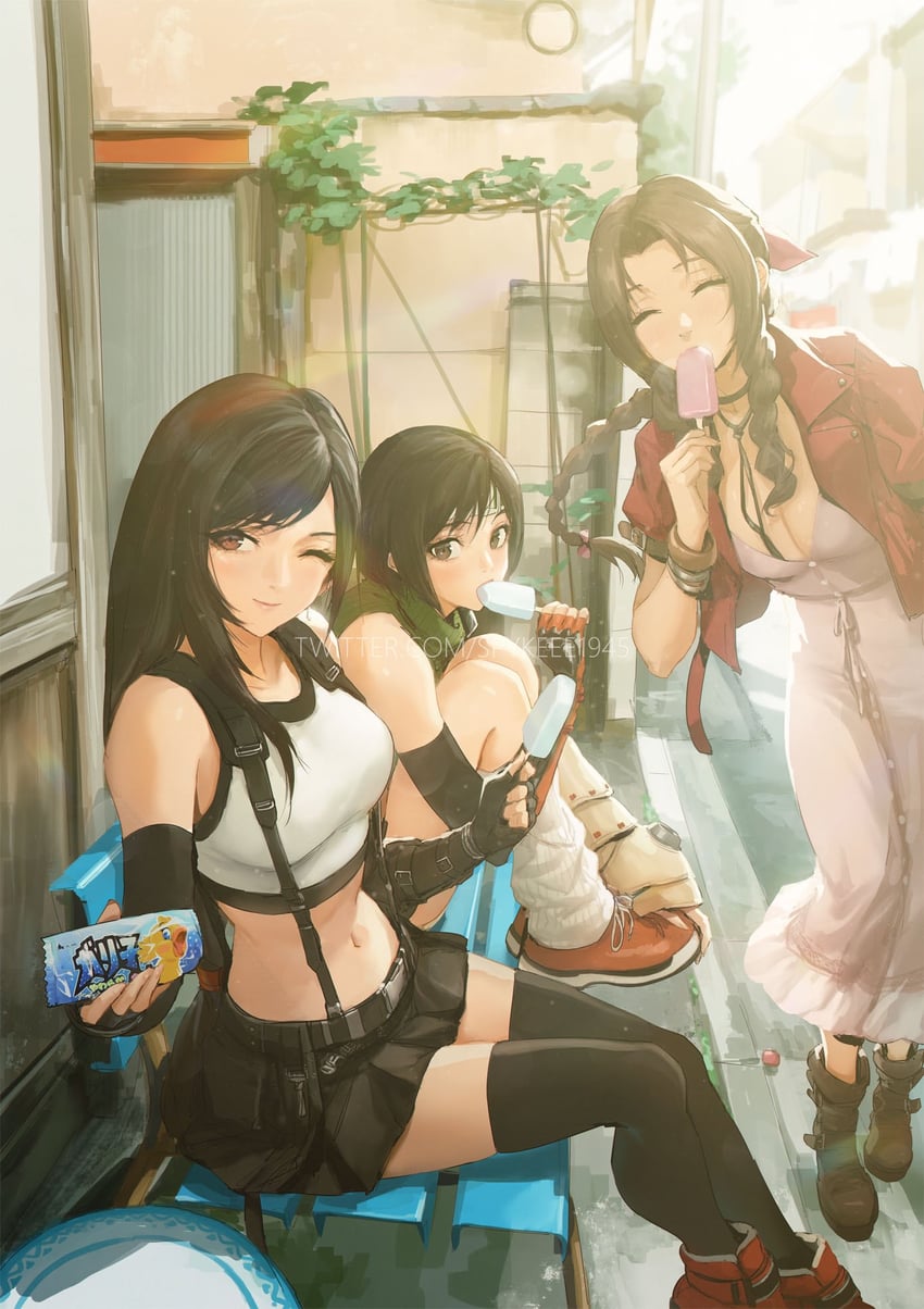 tifa lockhart, aerith gainsborough, and yuffie kisaragi (final fantasy and 3 more) drawn by spykeee