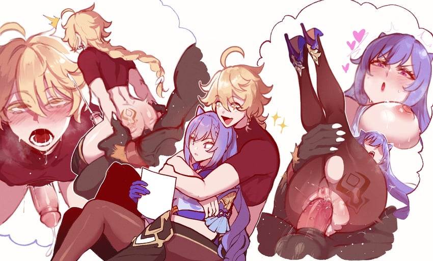 aether, keqing, hilichurl, and mitachurl (genshin impact) drawn by nyantcha