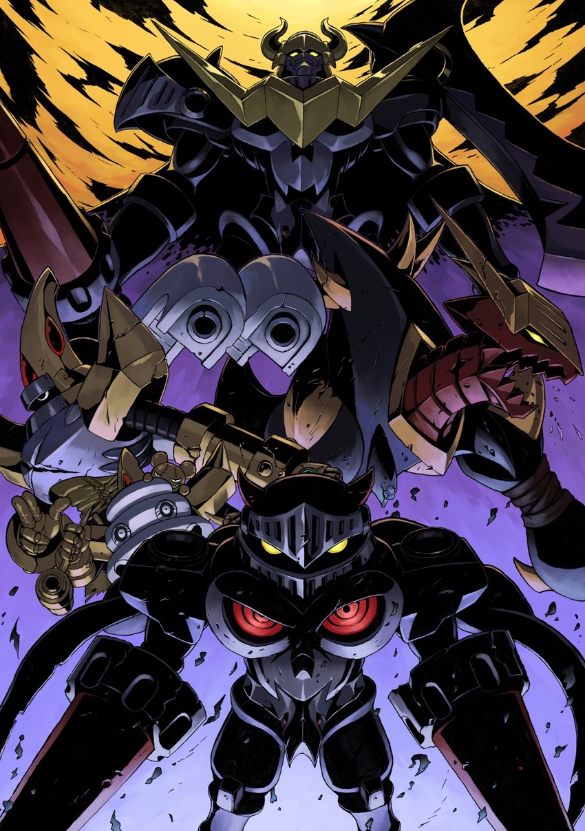 darkknightmon, damemon, skullknightmon, tsuwamon, and deadlyaxemon (digimon and 1 more) drawn by sasasi