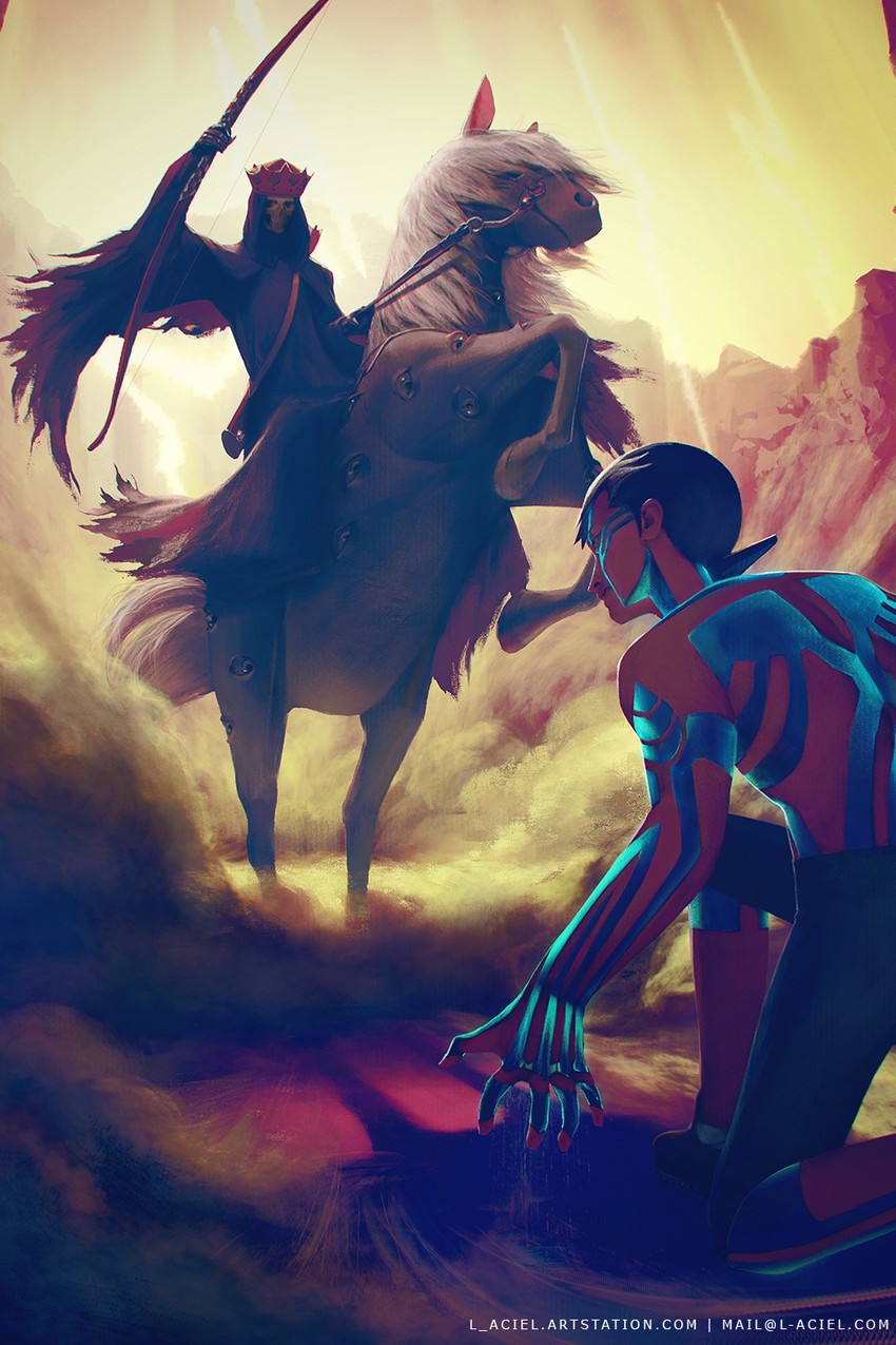 demi-fiend and white rider (shin megami tensei and 1 more) drawn by l_aciel