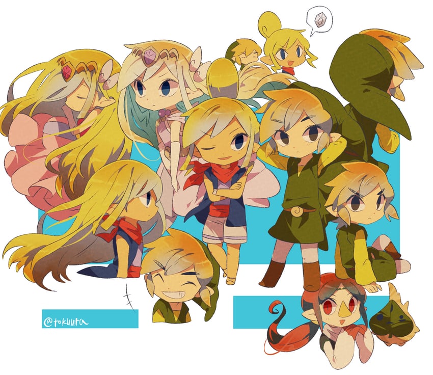 link, princess zelda, toon link, korok, toon zelda, and 3 more (the legend of zelda and 1 more) drawn by tokuura
