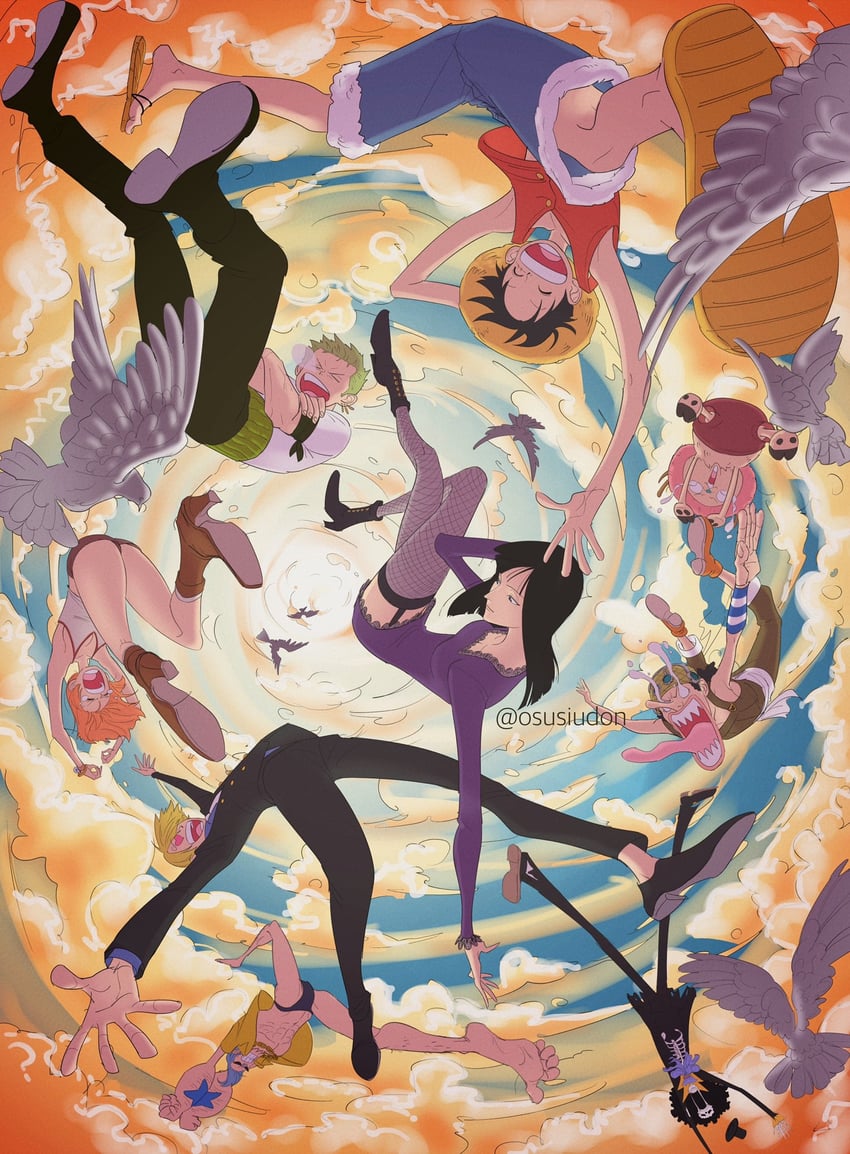 nami, monkey d. luffy, nico robin, roronoa zoro, sanji, and 4 more (one piece) drawn by osusiudon