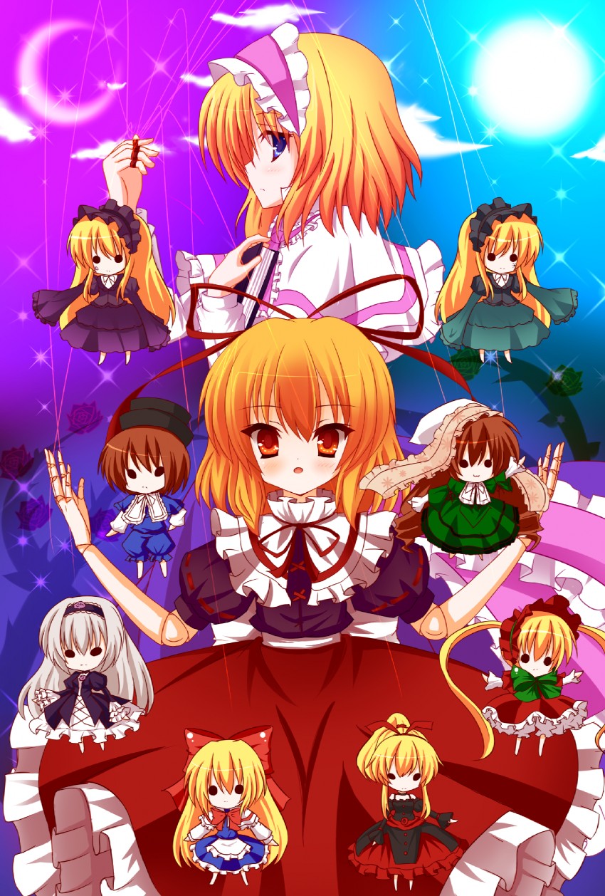 alice margatroid, shanghai doll, suigintou, medicine melancholy, shinku, and 5 more (touhou and 3 more) drawn by kuromari_(runia)