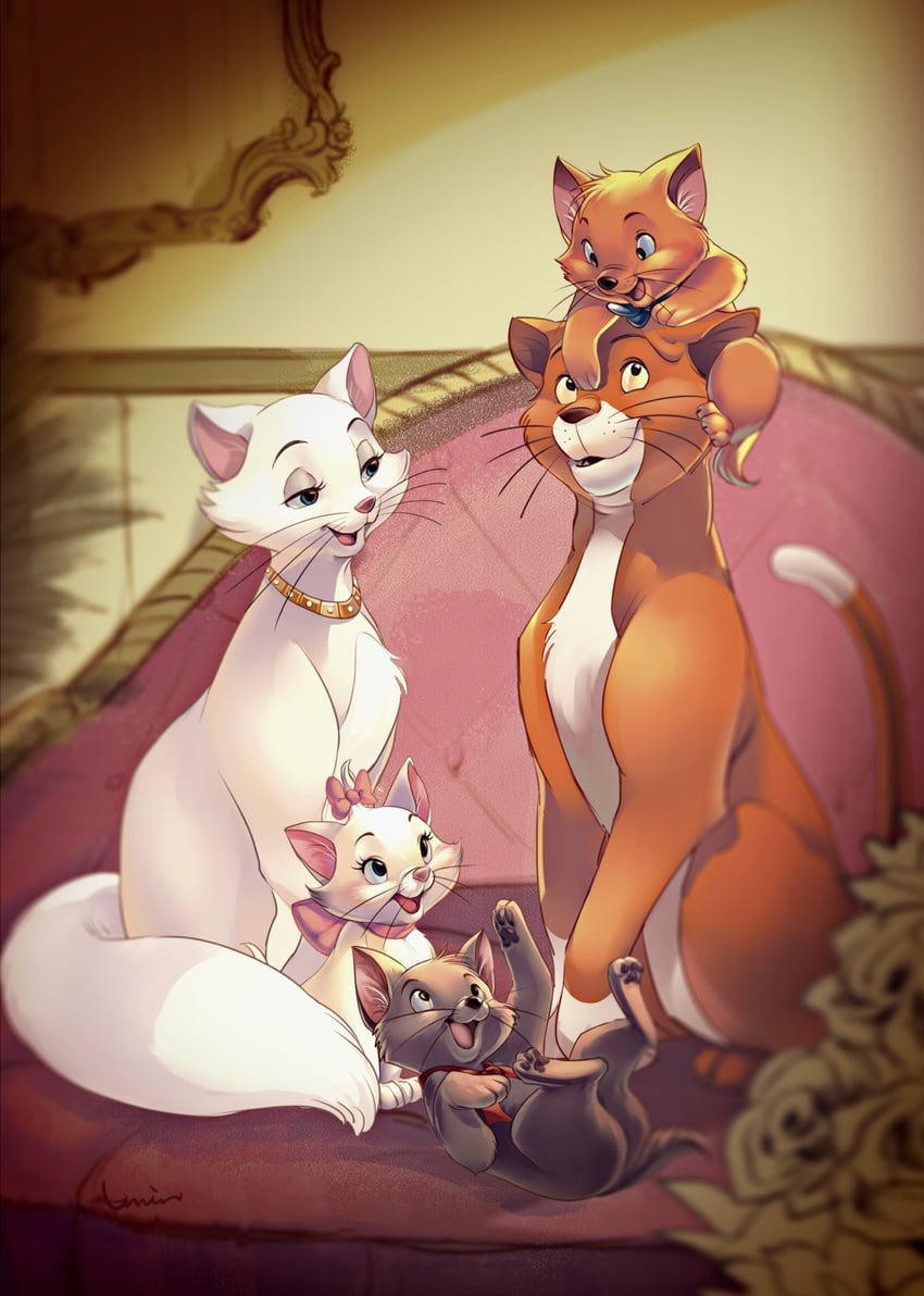 marie, toulouse, berlioz, duchess, and thomas o'malley (the aristocats) drawn by chidentsu
