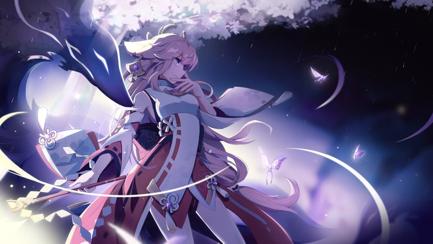yae miko and crystalfly (genshin impact) drawn by 606_haochuangshangren