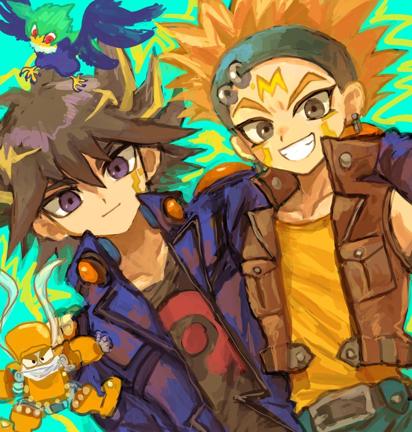 fudo yusei, crow hogan, blackwing gale the whirlwind, and junk synchron (yu-gi-oh! and 1 more) drawn by bifuteki_(bi_futeki)