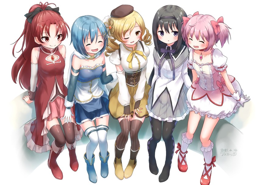 akemi homura, kaname madoka, miki sayaka, sakura kyoko, and tomoe mami (mahou shoujo madoka magica) drawn by asukaru_(magika_ru)
