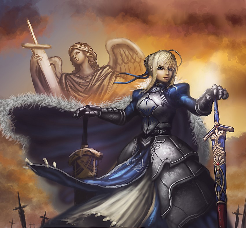 artoria pendragon and saber (fate and 1 more) drawn by azul_(ze-l)