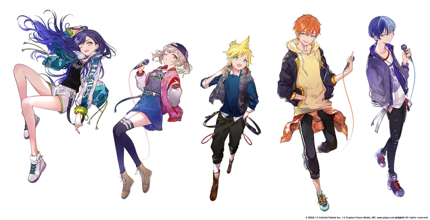 kagamine len, shinonome akito, shiraishi an, aoyagi touya, azusawa kohane, and 1 more (vocaloid and 1 more) drawn by suou_(sdurorhr)