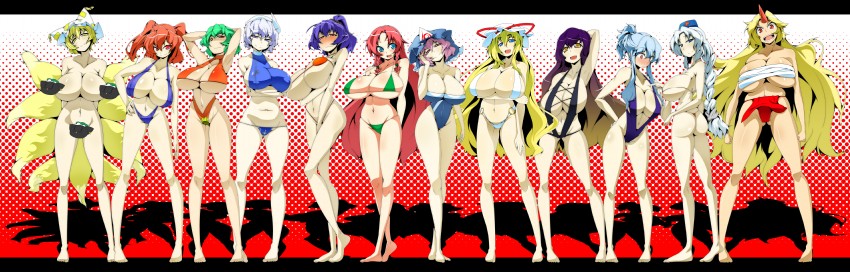 yakumo yukari, hong meiling, saigyouji yuyuko, yakumo ran, chen, and 8 more (touhou) drawn by toudori