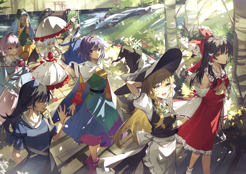 hakurei reimu, kirisame marisa, remilia scarlet, kochiya sanae, komeiji satori, and 3 more (touhou) drawn by meng_ziya