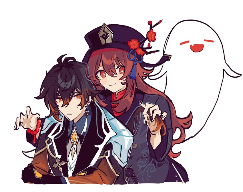 hu tao, zhongli, and boo tao (genshin impact) drawn by grandziki