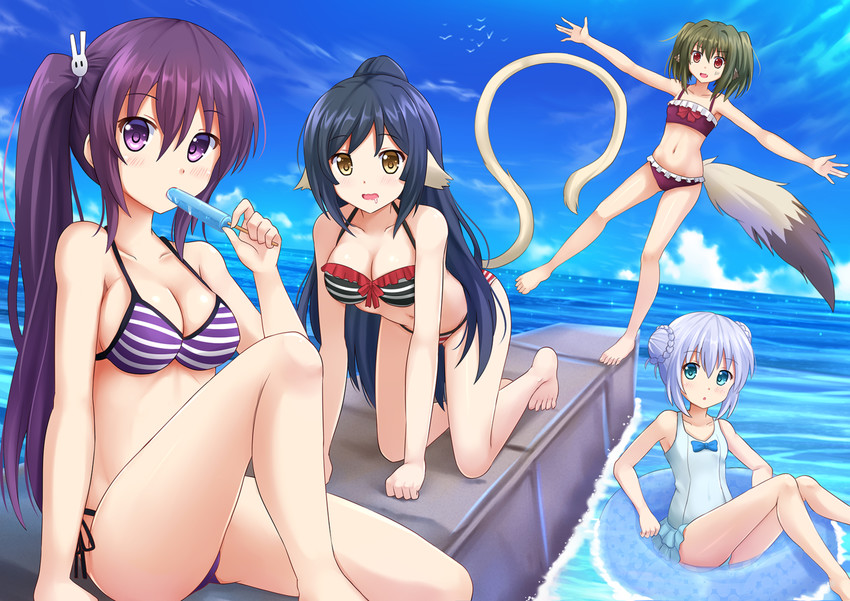 kafuu chino, tedeza rize, kuon, minase inori, nekone, and 1 more (gochuumon wa usagi desu ka? and 2 more) drawn by kazenokaze