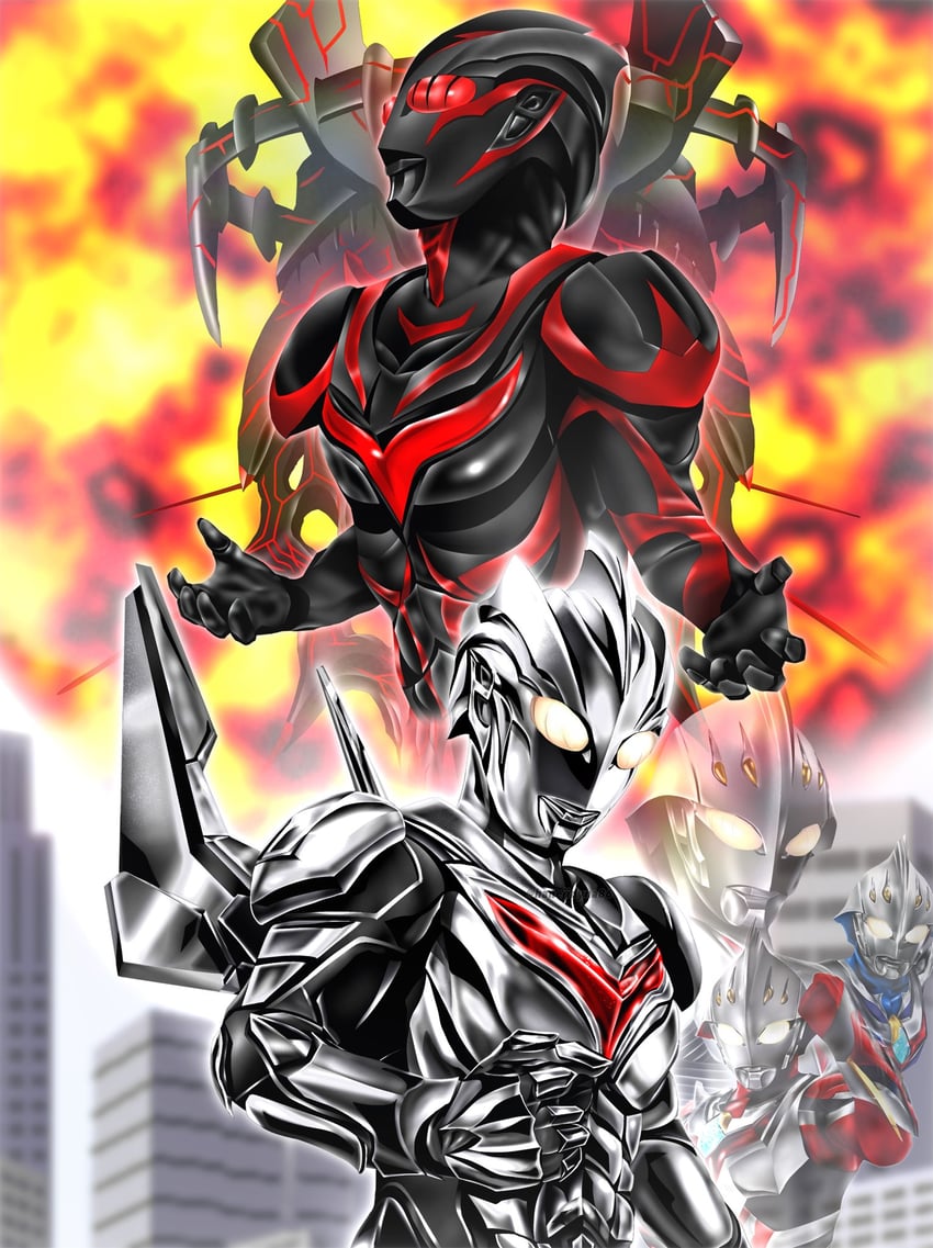 ultraman nexus, ultraman nexus junis blue, ultraman nexus junis, ultraman nexus anphans, dark zagi, and 1 more (ultra series and 1 more) drawn by hanejidyna86