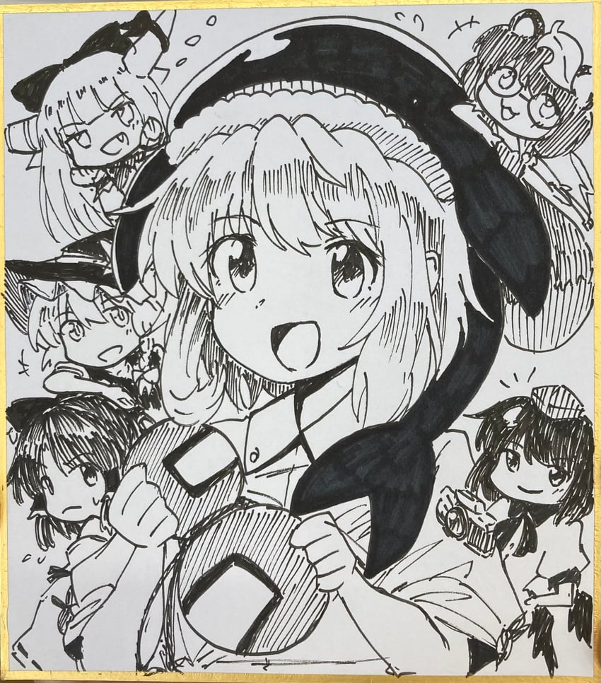 hakurei reimu, kirisame marisa, shameimaru aya, ibuki suika, futatsuiwa mamizou, and 1 more (touhou and 1 more) drawn by yakousei_no_kame