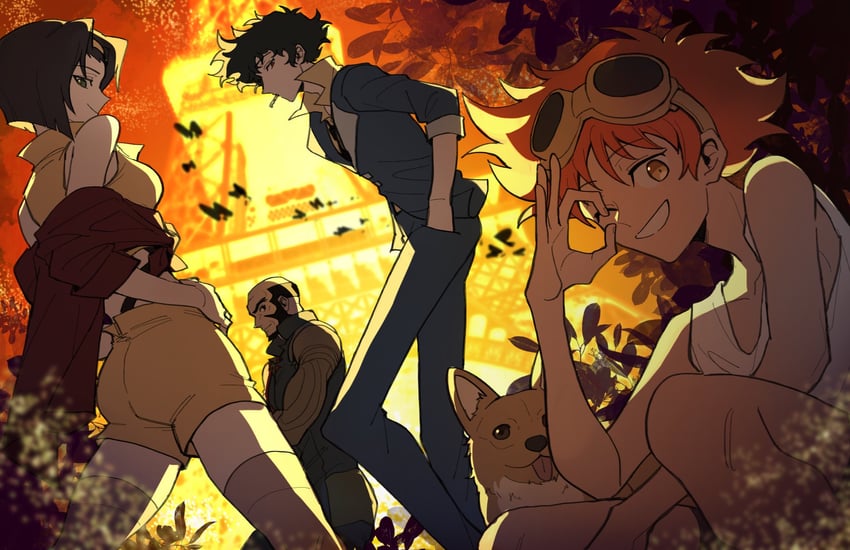 faye valentine, spike spiegel, edward wong hau pepelu tivrusky iv, ein, and jet black (cowboy bebop) drawn by sand_cydlg