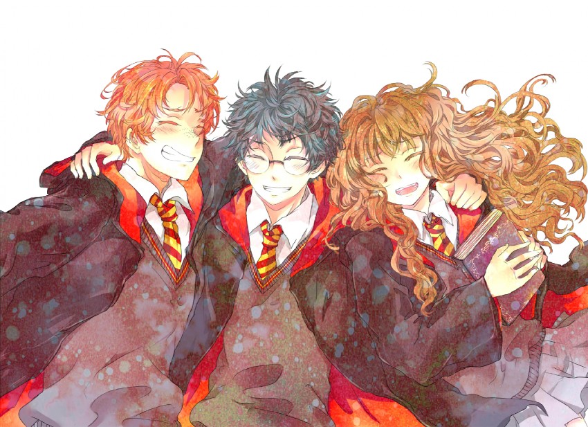 hermione granger, harry potter, and ron weasley (wizarding world and 1 more) drawn by moonbreak