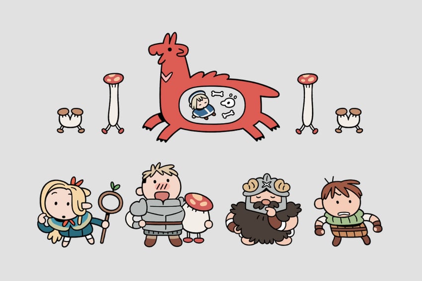 marcille donato, falin touden, laios touden, senshi, chilchuck tims, and 2 more (dungeon meshi) drawn by doppdoppdopp