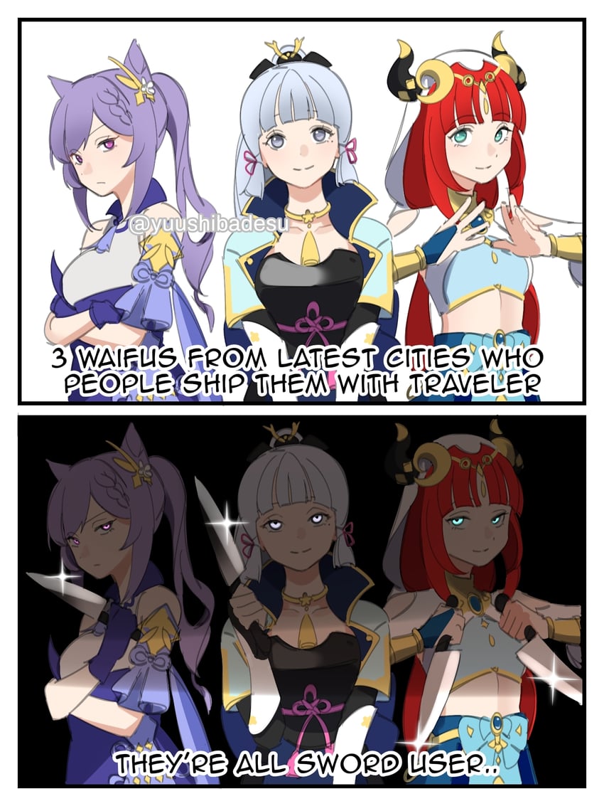 keqing, kamisato ayaka, and nilou (genshin impact) drawn by yuushiba