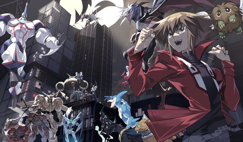 yuki judai, yubel, winged kuriboh, elemental hero neos, elemental hero burstinatrix, and 16 more (yu-gi-oh! and 1 more) drawn by e_volution