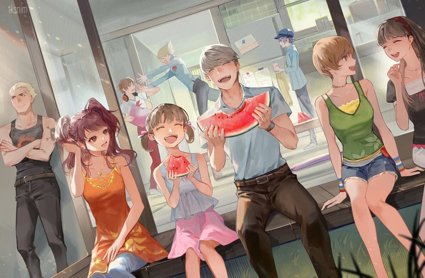 narukami yu, shirogane naoto, satonaka chie, kujikawa rise, amagi yukiko, and 4 more (persona and 1 more) drawn by tk_(tksnim)