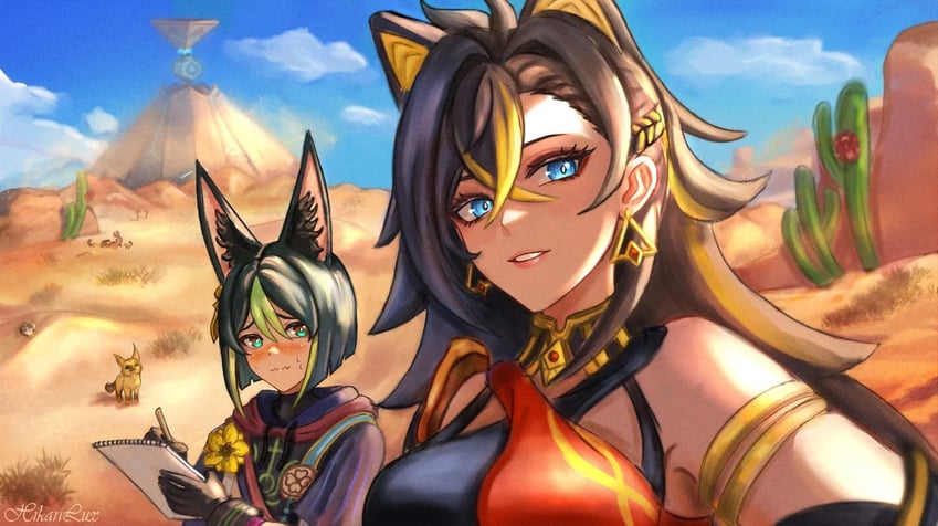 tighnari, dehya, and desert fox (genshin impact) drawn by hikarilux