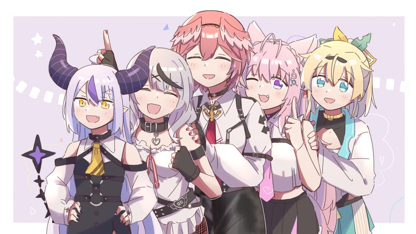 sakamata chloe, la+ darknesss, hakui koyori, kazama iroha, and takane lui (hololive) drawn by hateyo