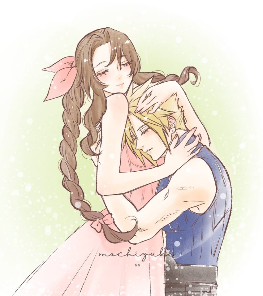 cloud strife and aerith gainsborough (final fantasy and 2 more) drawn by omochi_daisuki