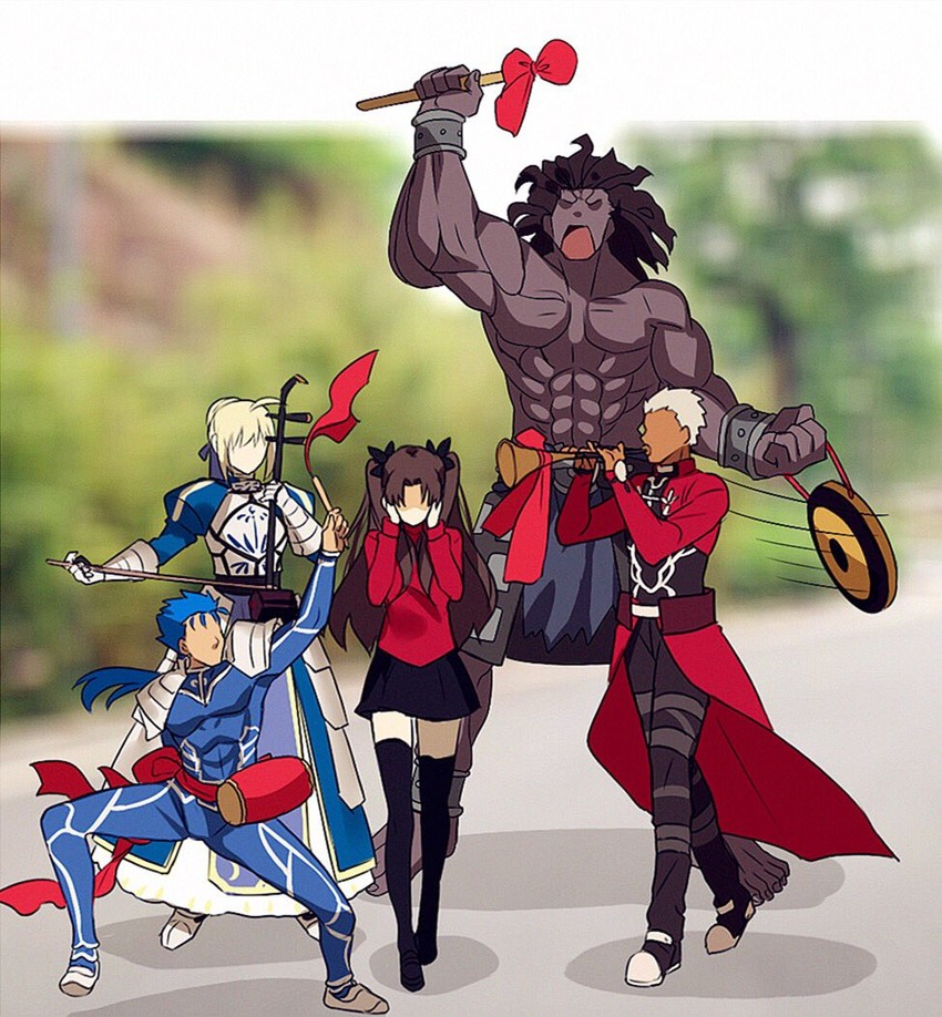 artoria pendragon, saber, tohsaka rin, cu chulainn, archer, and 1 more (fate and 1 more) drawn by yaoshi_jun