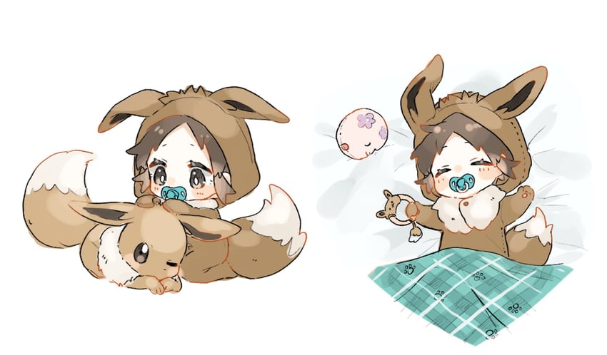 eevee, nate, and munna (pokemon and 1 more) drawn by upi_(ukn18pkanother)
