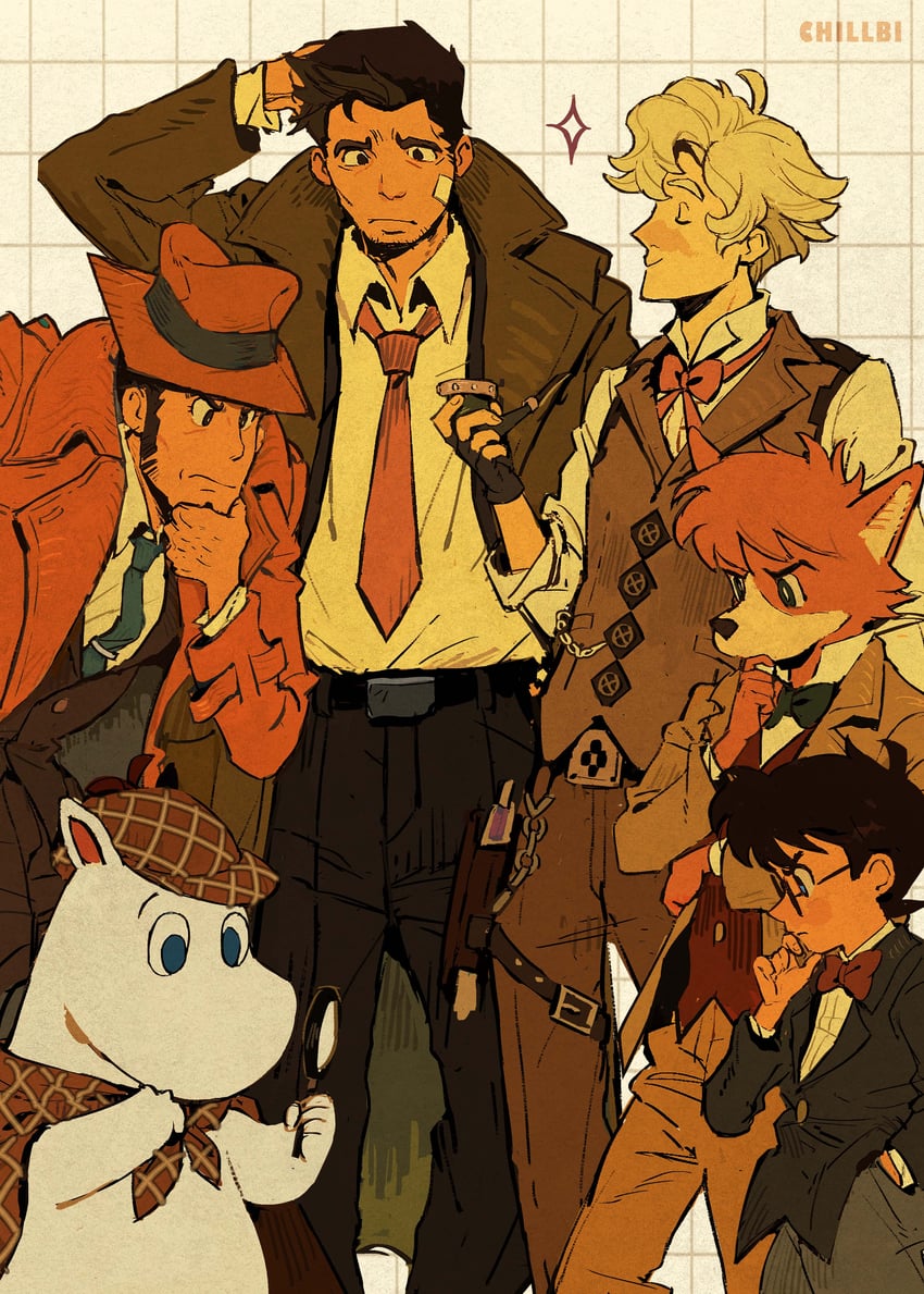 edogawa conan, dick gumshoe, herlock sholmes, moomintroll, zenigata kouichi, and 1 more (ace attorney and 5 more) drawn by chillbi