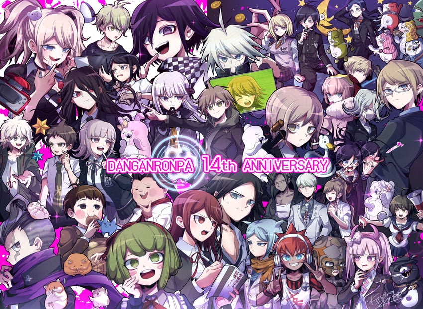 nanami chiaki, oma kokichi, saihara shuichi, komaeda nagito, hinata hajime, and 42 more (danganronpa and 7 more) drawn by kujira_pyon_ka