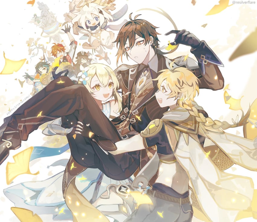 ganyu, lumine, hu tao, aether, zhongli, and 8 more (genshin impact) drawn by resilverflare