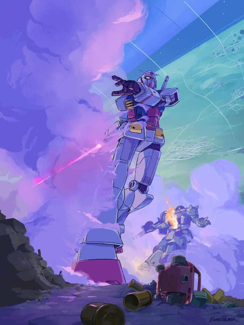 rx-78-2 gundam, zaku ii, and zaku (gundam and 1 more) drawn by evan_palmer
