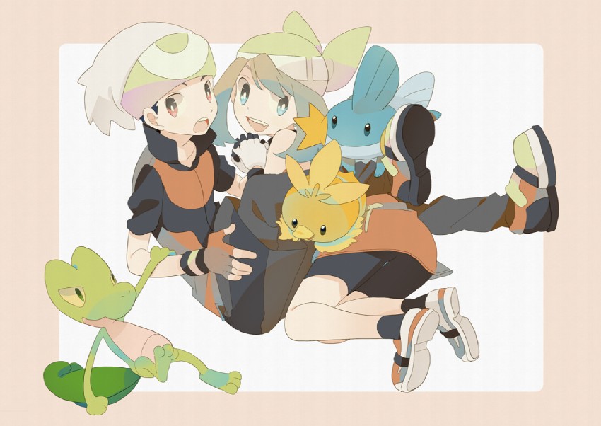 may, brendan, torchic, mudkip, and treecko (pokemon and 1 more) drawn by hagiko