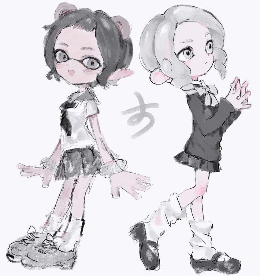 inkling player character, inkling girl, octoling player character, and octoling girl (splatoon) drawn by yuyuyuyhz