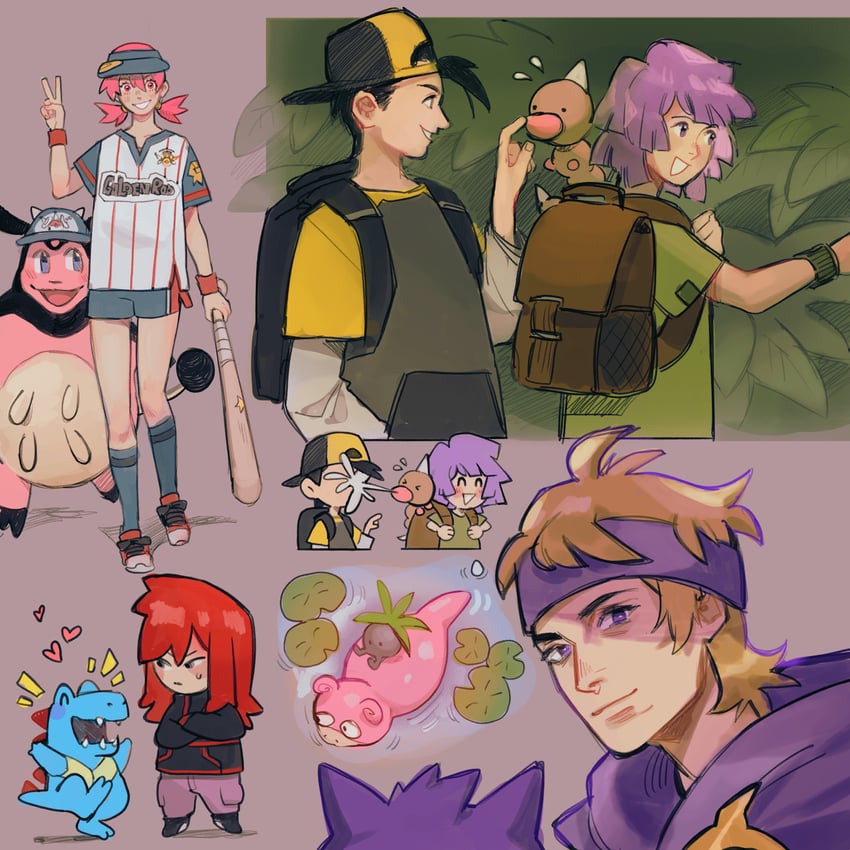 ethan, gengar, silver, totodile, oddish, and 6 more (pokemon and 1 more) drawn by monkii_(mjooolnina)