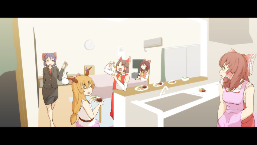 hakurei reimu, ibuki suika, benikurage, kanna, reu, and 2 more (touhou and 1 more) drawn by sagamiko