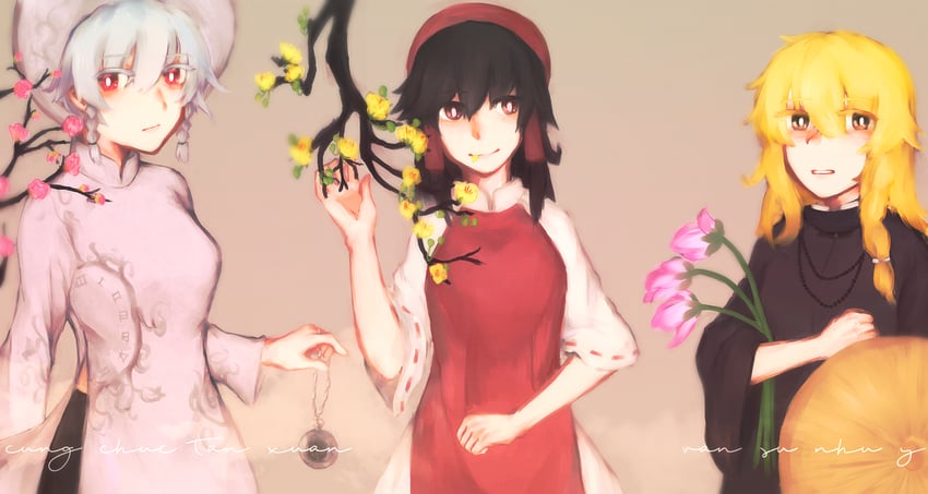 hakurei reimu, kirisame marisa, and izayoi sakuya (touhou) drawn by sinonon218
