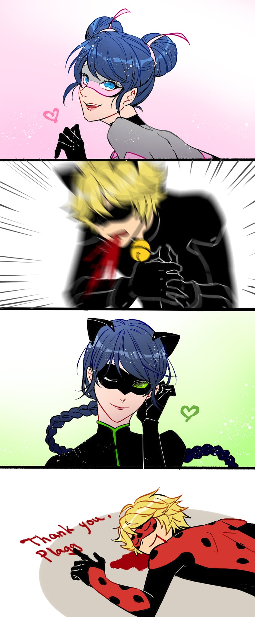 marinette dupain-cheng, chat noir, lady noir, misterbug, and multimouse (miraculous ladybug) drawn by jiong_wen