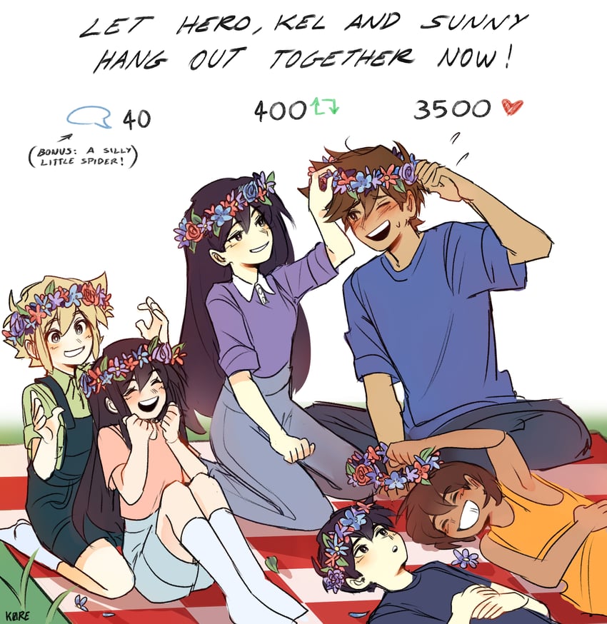 sunny, basil, aubrey, kel, mari, and 1 more (omori) drawn by k0re_drawings