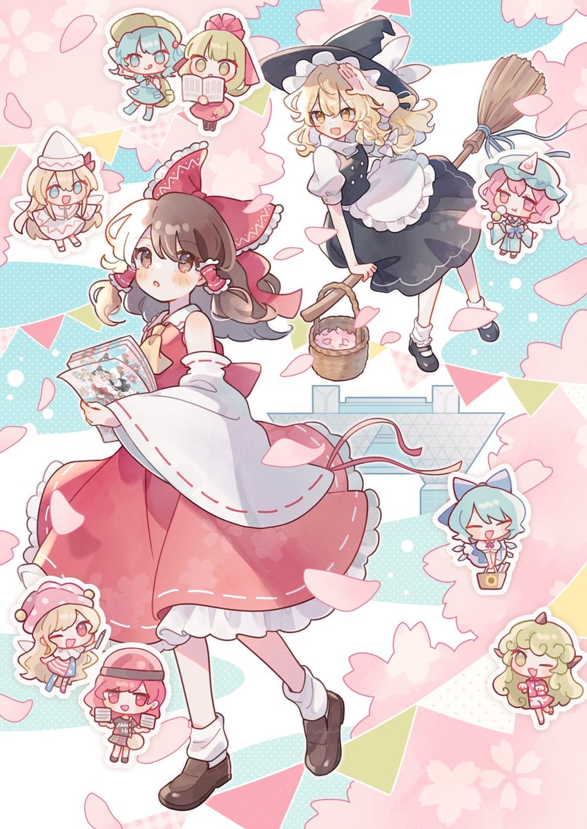 hakurei reimu, kirisame marisa, cirno, saigyouji yuyuko, kawashiro nitori, and 5 more (touhou and 1 more) drawn by nig_18