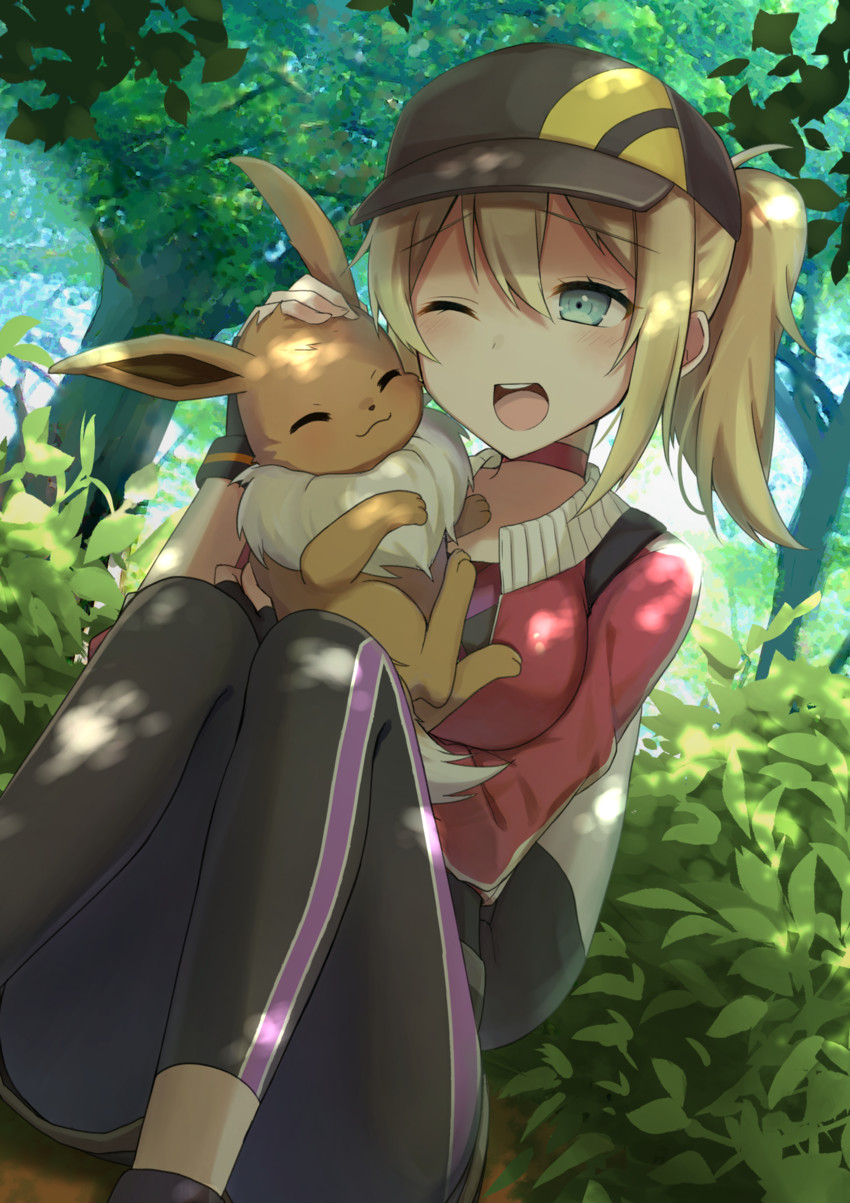 eevee and female protagonist (pokemon and 1 more) drawn by tadaomi_(amomom)