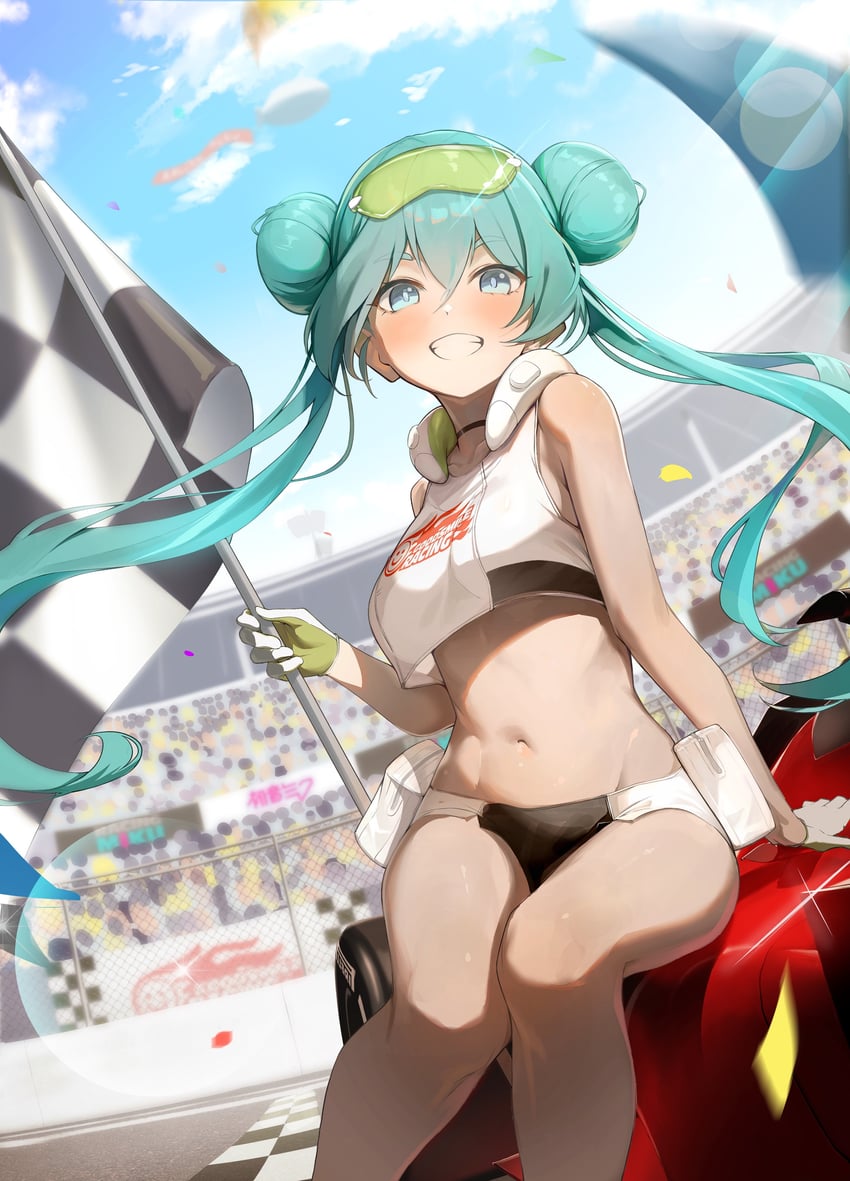 hatsune miku and racing miku (vocaloid and 1 more) drawn by dampi