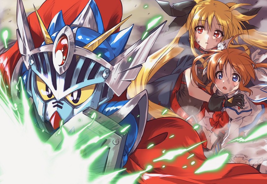 fate testarossa, takamachi nanoha, and knight gundam (gundam and 4 more) drawn by kuroi_mimei