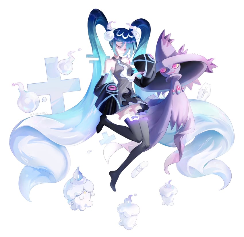 hatsune miku, litwick, mismagius, and ghost miku (pokemon and 2 more) drawn by ikashokudou