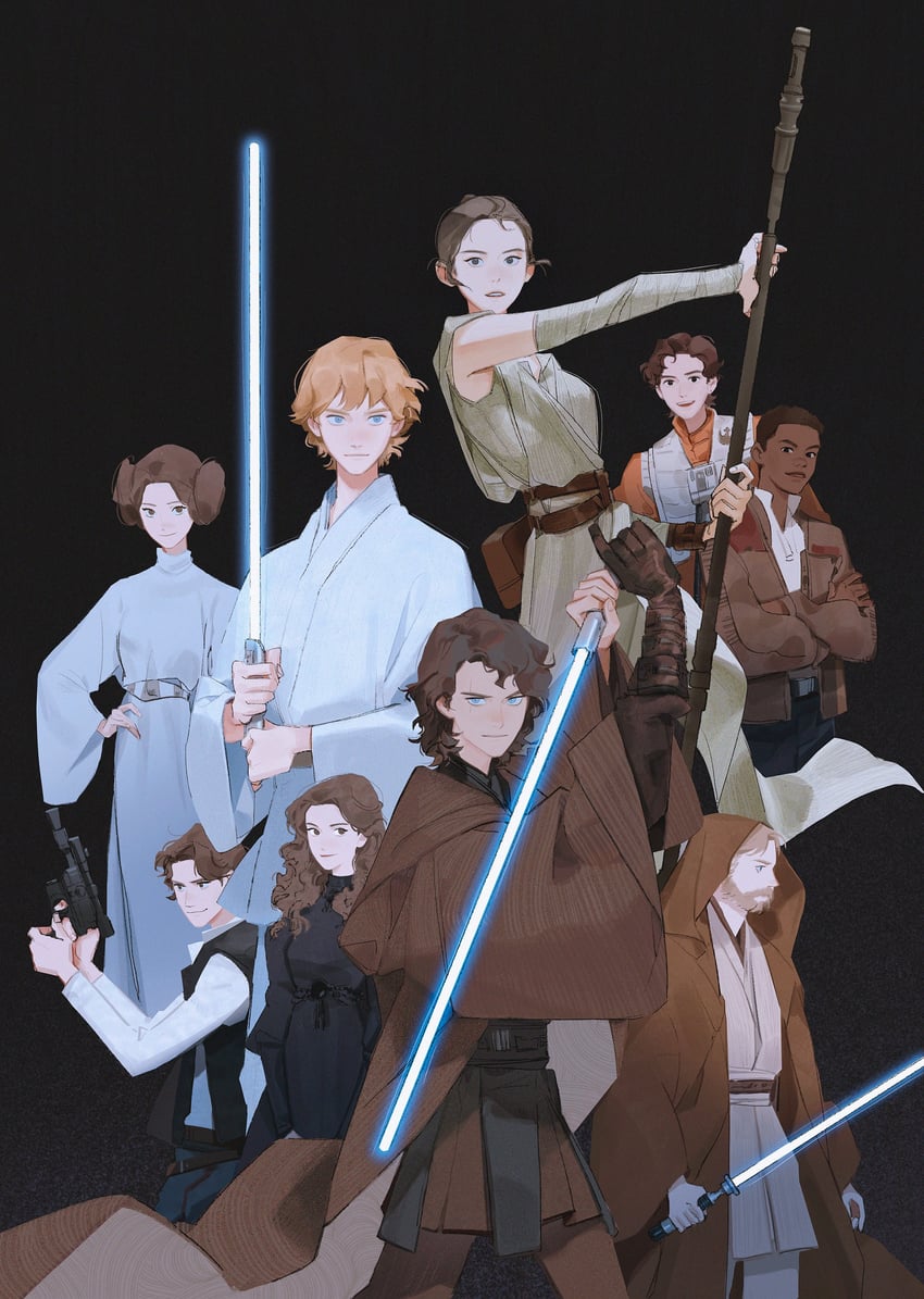 princess leia, obi-wan kenobi, anakin skywalker, luke skywalker, rey, and 4 more (star wars and 3 more) drawn by papaya_mm