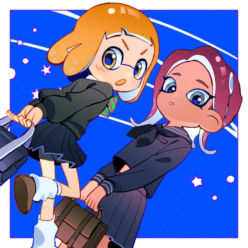 inkling player character, inkling girl, octoling player character, octoling girl, agent 8, and 1 more (splatoon) drawn by hg_swdiary
