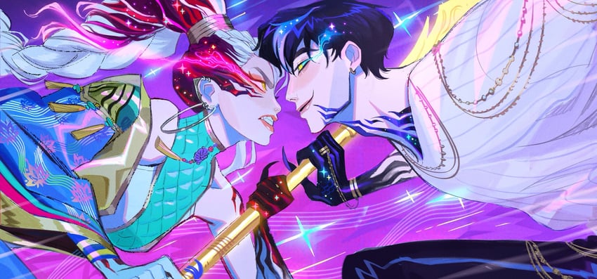 rumi and jinu (kpop demon hunters) drawn by ami_thompson